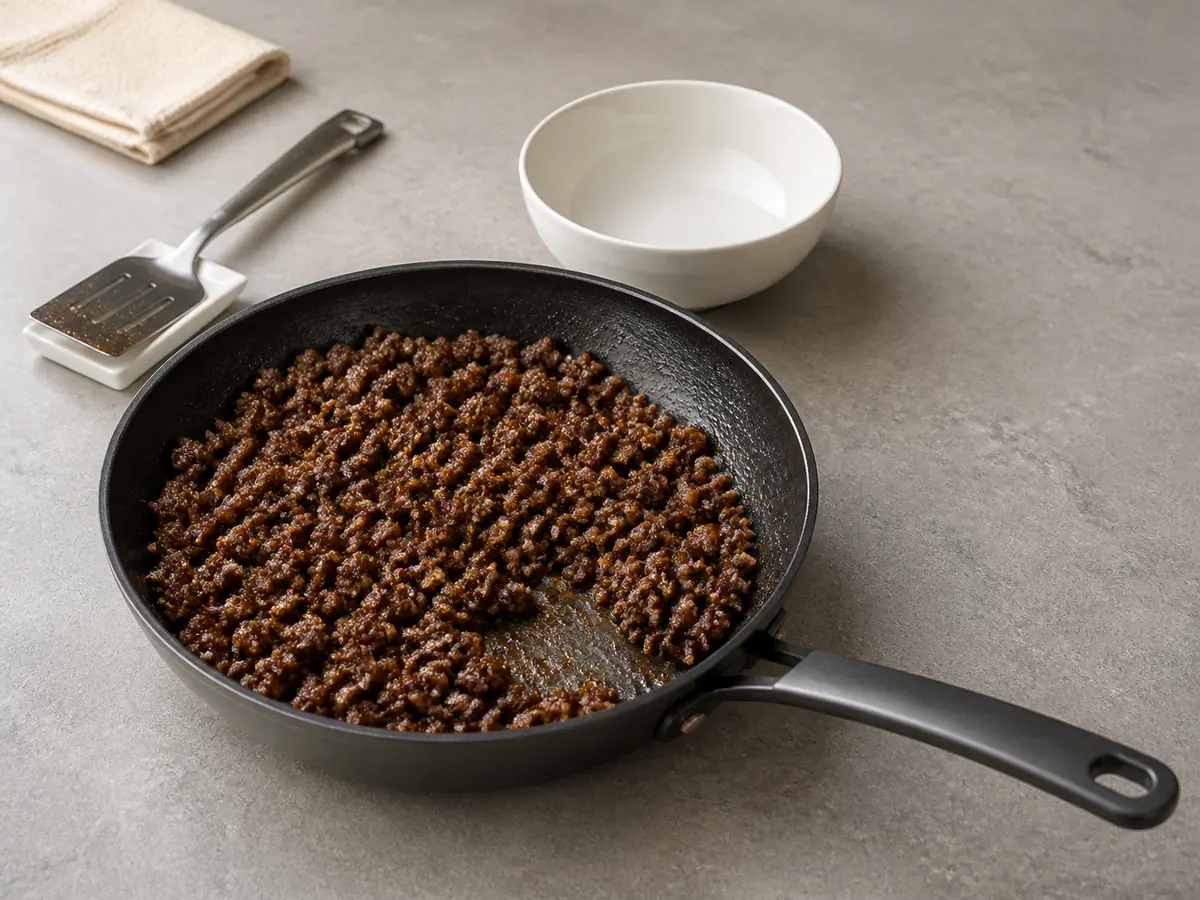 Fully cooked bulgogi-style ground beef with glossy glaze and browned crumbles in a nearly dry skillet