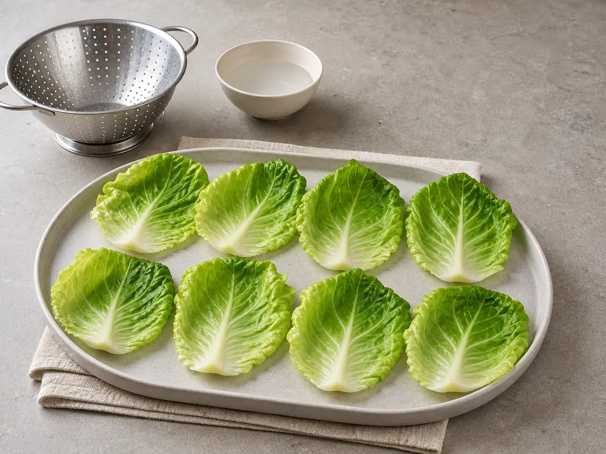 Eight blanched cabbage leaves with shallow-trimmed ribs, drained and patted dry on a tray