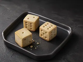 Three cube-shaped cardamom shortbread dice cookies with recessed pip marks on a dark tray