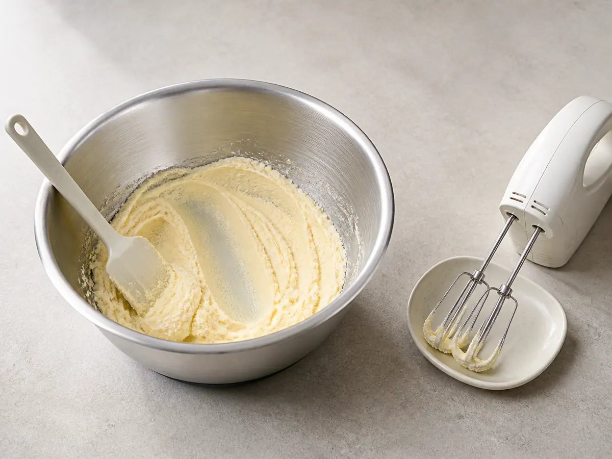 Pale butter and caster sugar mixed until smooth and creamy but not fluffy