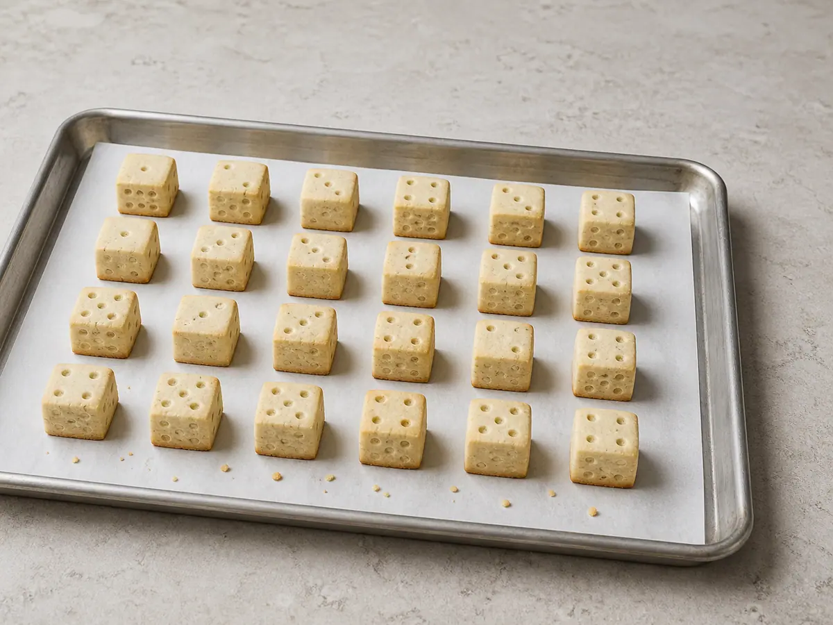 Twenty-four pale baked cardamom shortbread cubes with set pips and faint golden lower edges