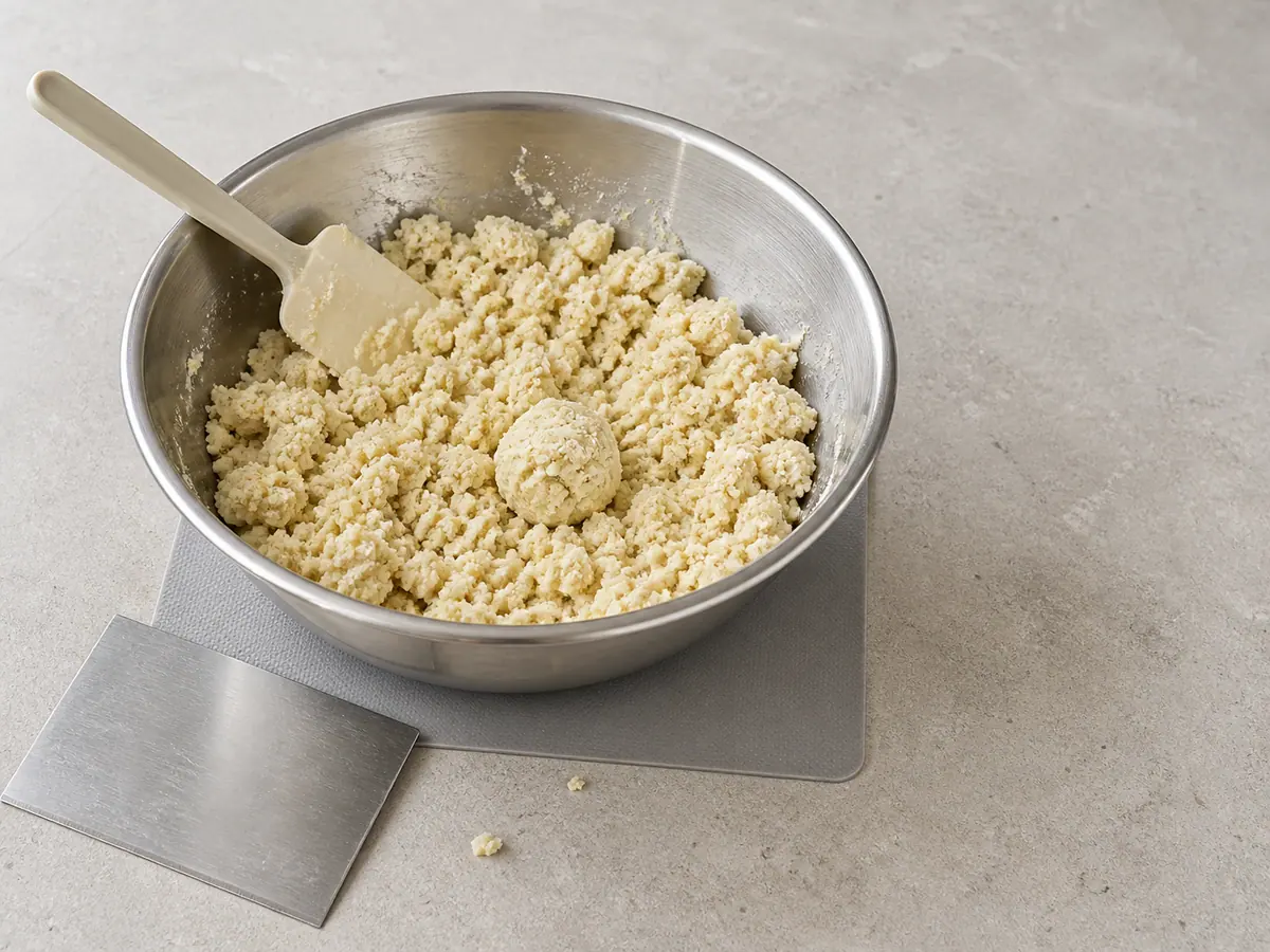 Cardamom shortbread mixture at the damp-crumb stage with one cohesive test clump