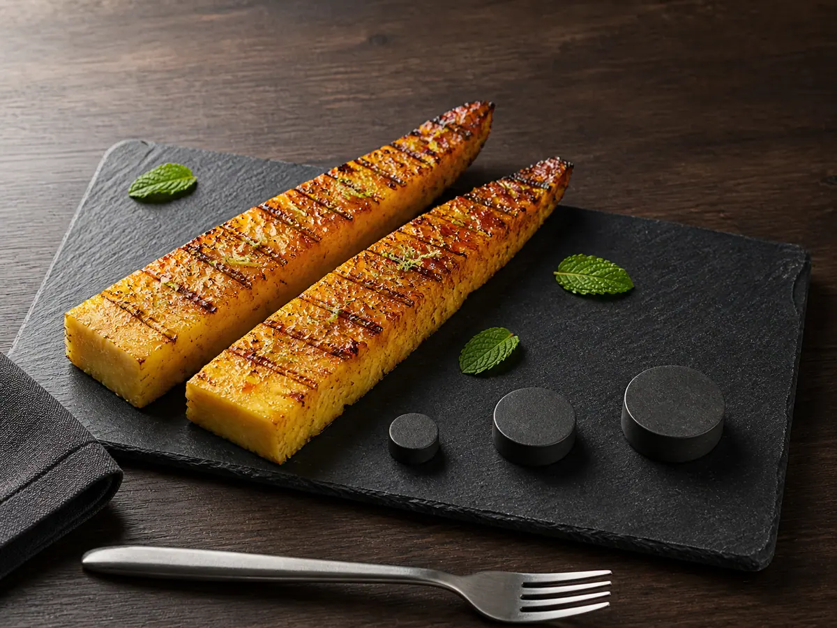 Two charred pineapple spears with maple-lime chile glaze on a dark slate platter