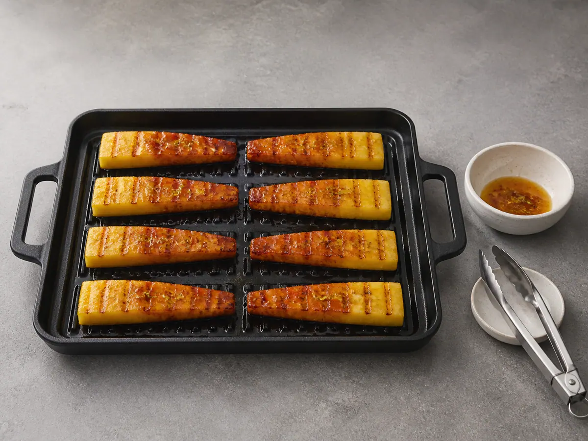 Eight charred pineapple spears with glossy amber upper sections and dry broad grip ends on the grill