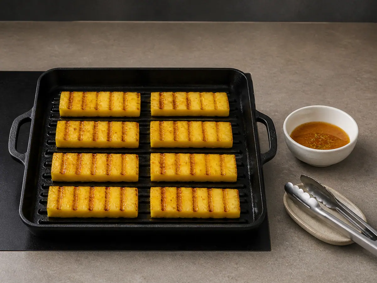 Eight pineapple spears turned after the first golden-brown grill marks form