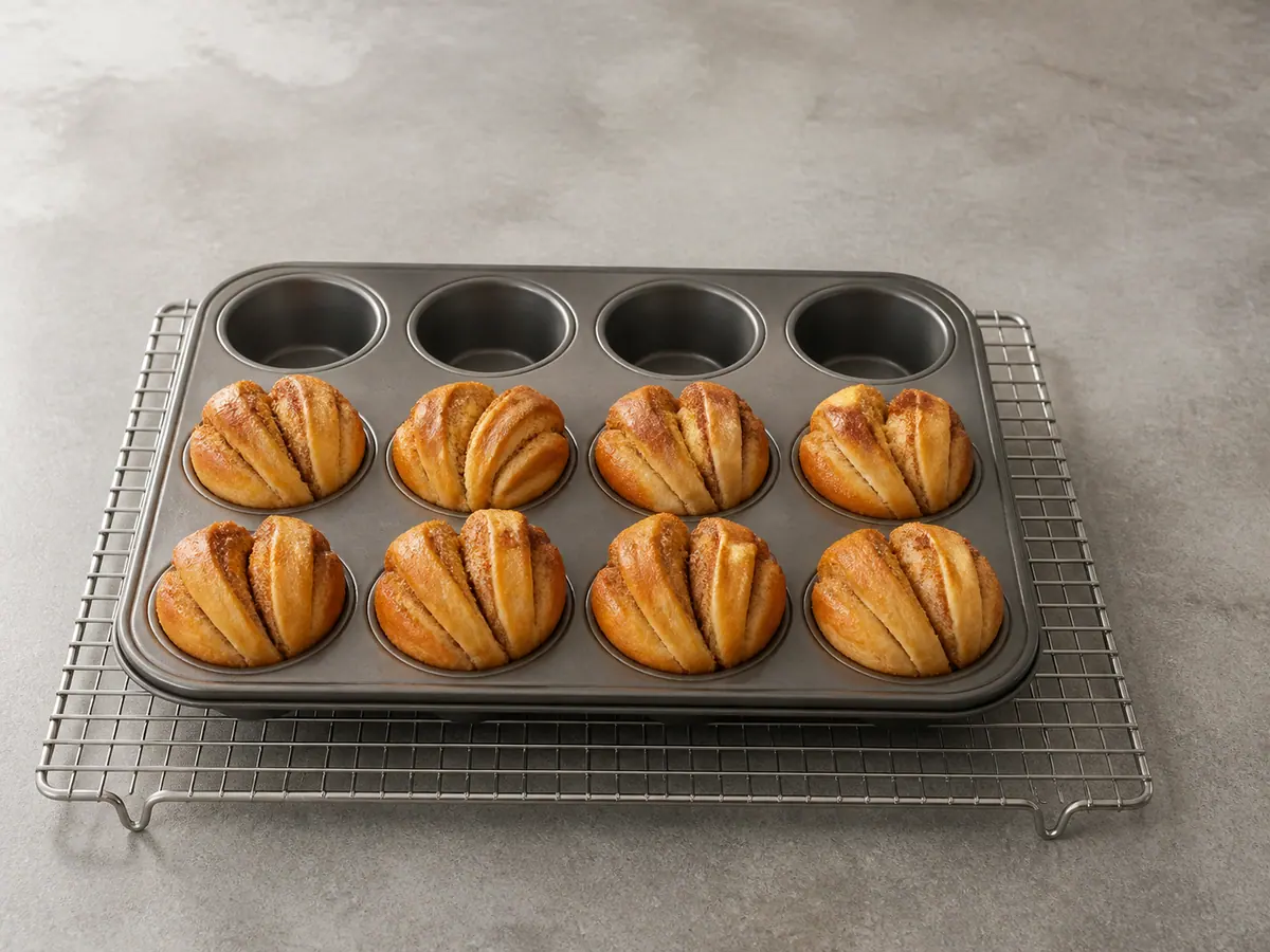 Ocho rollos de canela en capas, horneados y sin glasear, dentro de un molde para muffins sobre una rejilla de enfriamiento