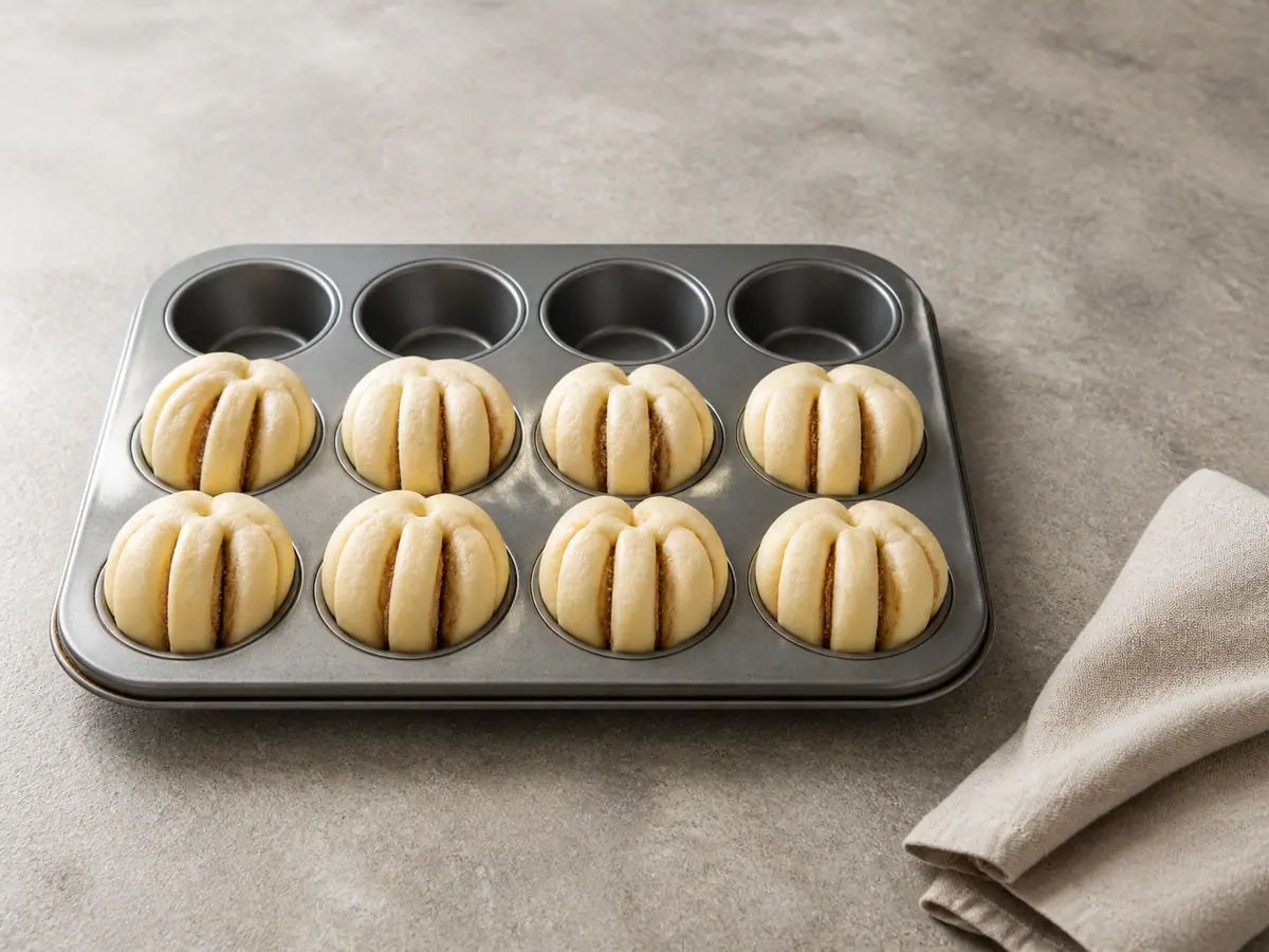 Ocho bloques de masa de canela en capas ya levados, ocupando la mayor parte de las cavidades de un molde para muffins