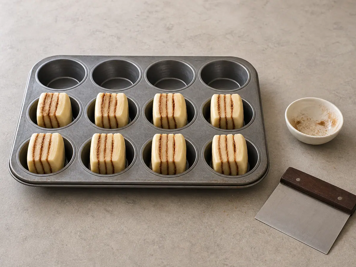 Ocho bloques de masa de canela en capas, sin hornear, colocados de pie en un molde para muffins