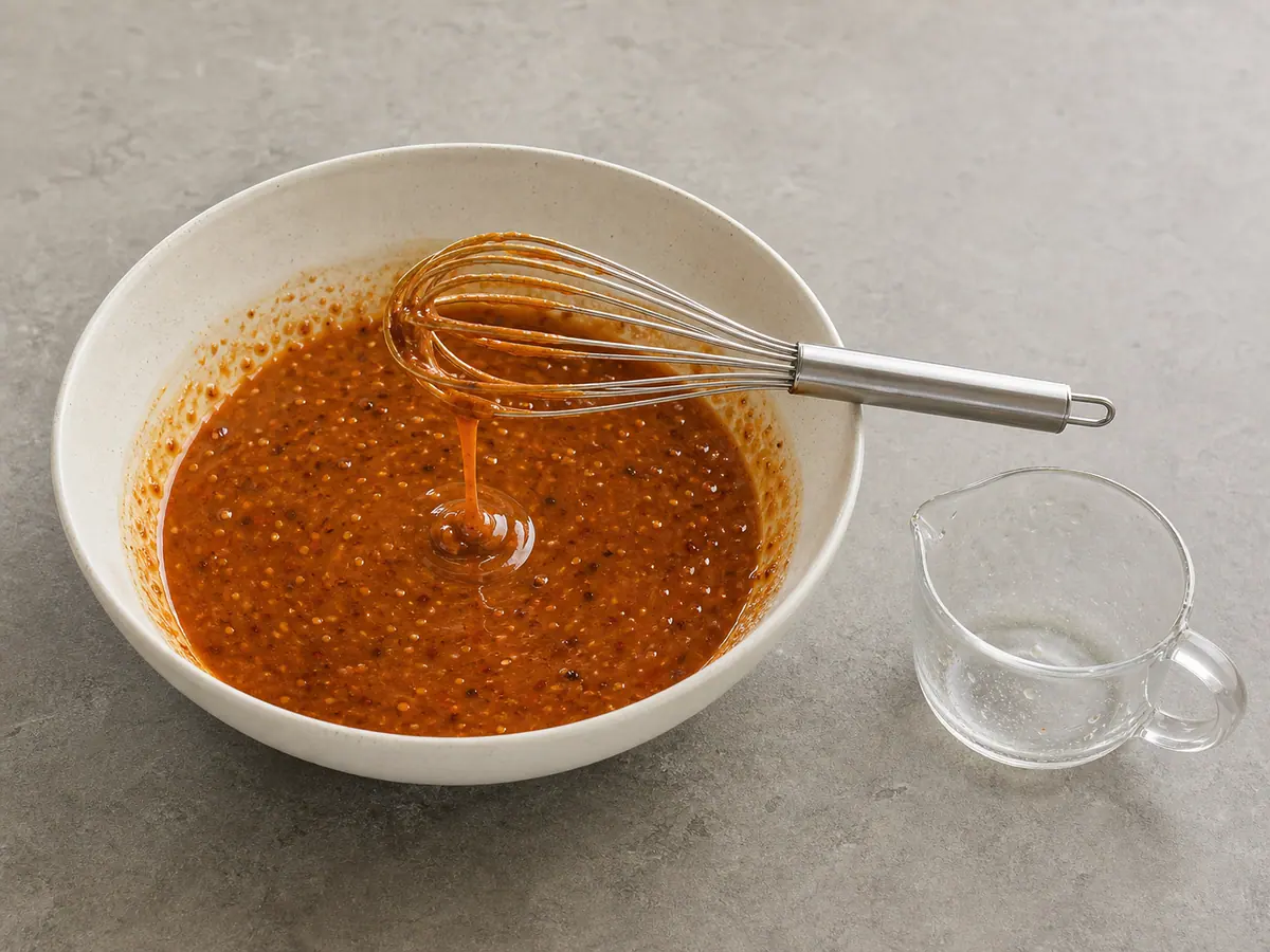 Glossy sesame chili sauce falling in a slow ribbon from a whisk beside an empty measuring cup