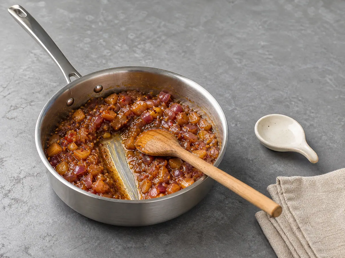 Thick apple-onion chutney holding a clear spoon trail in a saucepan