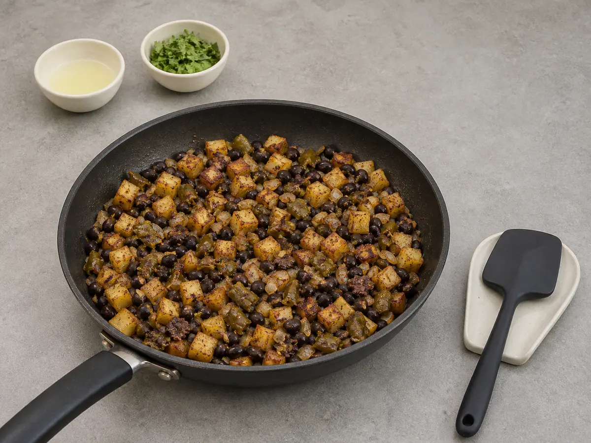 Dry skillet mixture of browned potatoes, black beans, onion, and roasted green chile before lime and cilantro