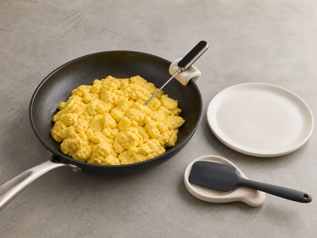 Firm fully cooked scrambled eggs with a clean thermometer probe in the thickest curds
