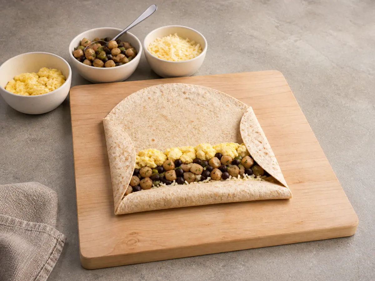 Partially folded breakfast burrito with cooked egg, potato, black bean, green chile, and cheese filling