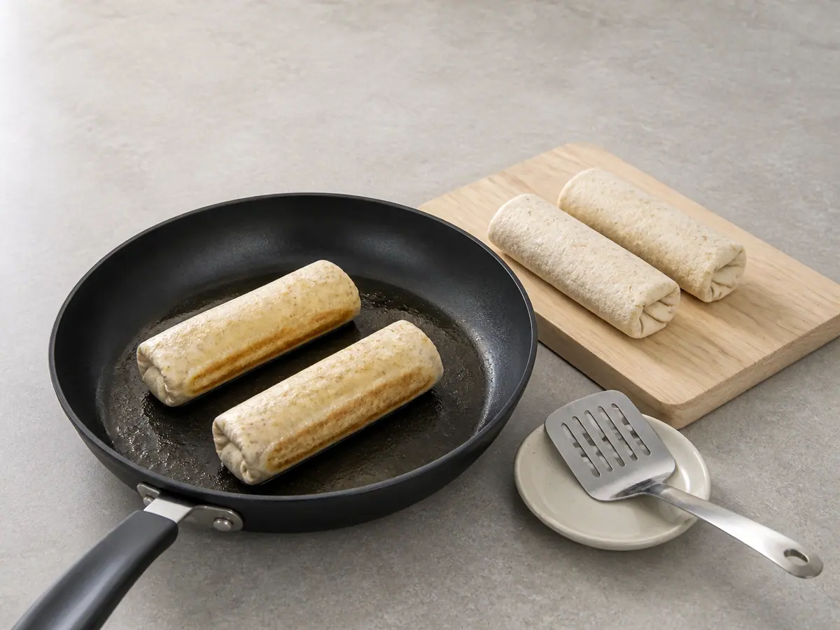 Two breakfast burritos toasting seam side down while two rolled burritos wait on a board
