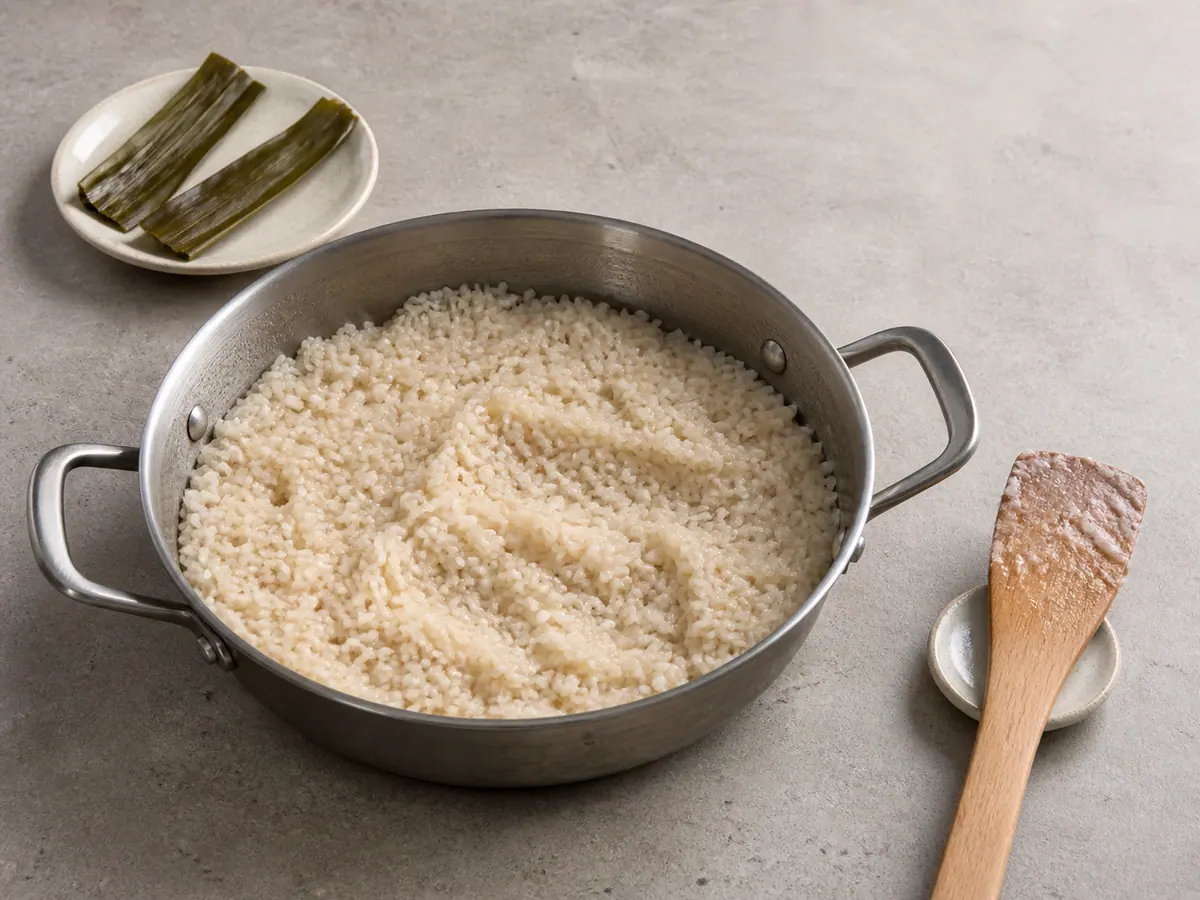 Coconut sticky rice in a saucepan with most liquid absorbed and opaque grain centers