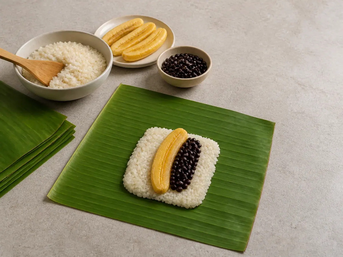 Coconut sticky rice, banana, and black beans arranged on banana leaf before folding