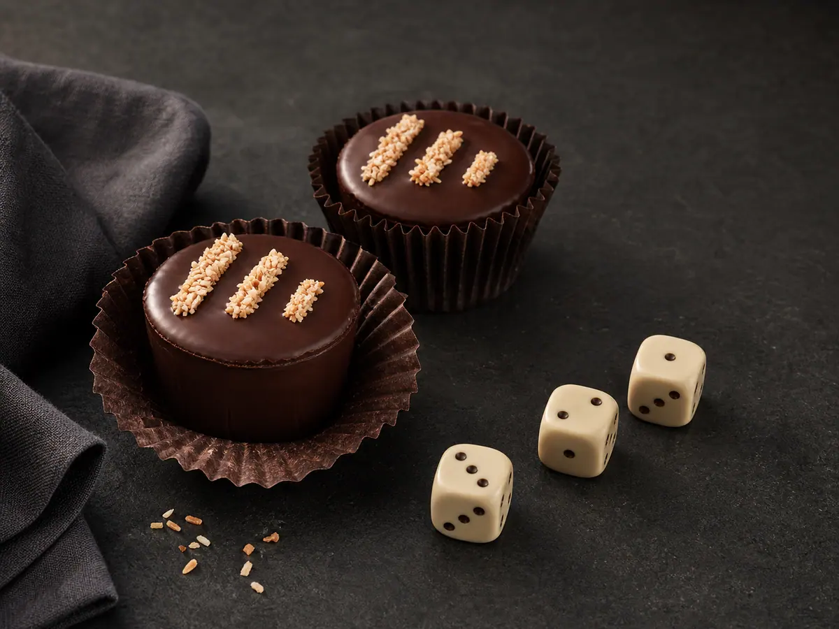 Two dark chocolate coconut cups topped with descending toasted coconut lines beside three countdown dice