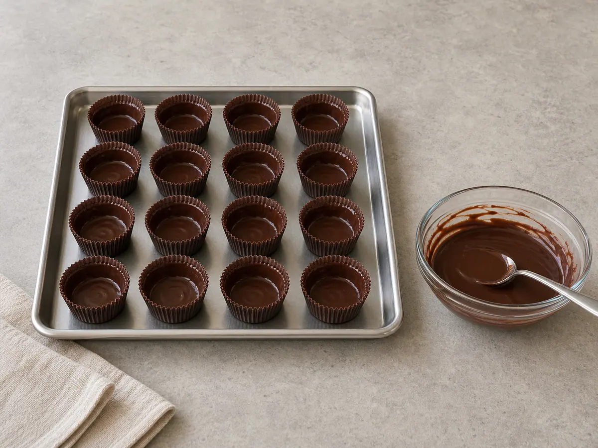 Mini paper cups coated with thin tempered dark chocolate bases and lower sidewalls before filling