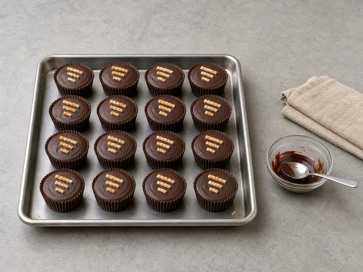 Sixteen paper-lined chocolate coconut cups capped and marked with three descending toasted coconut bars before setting