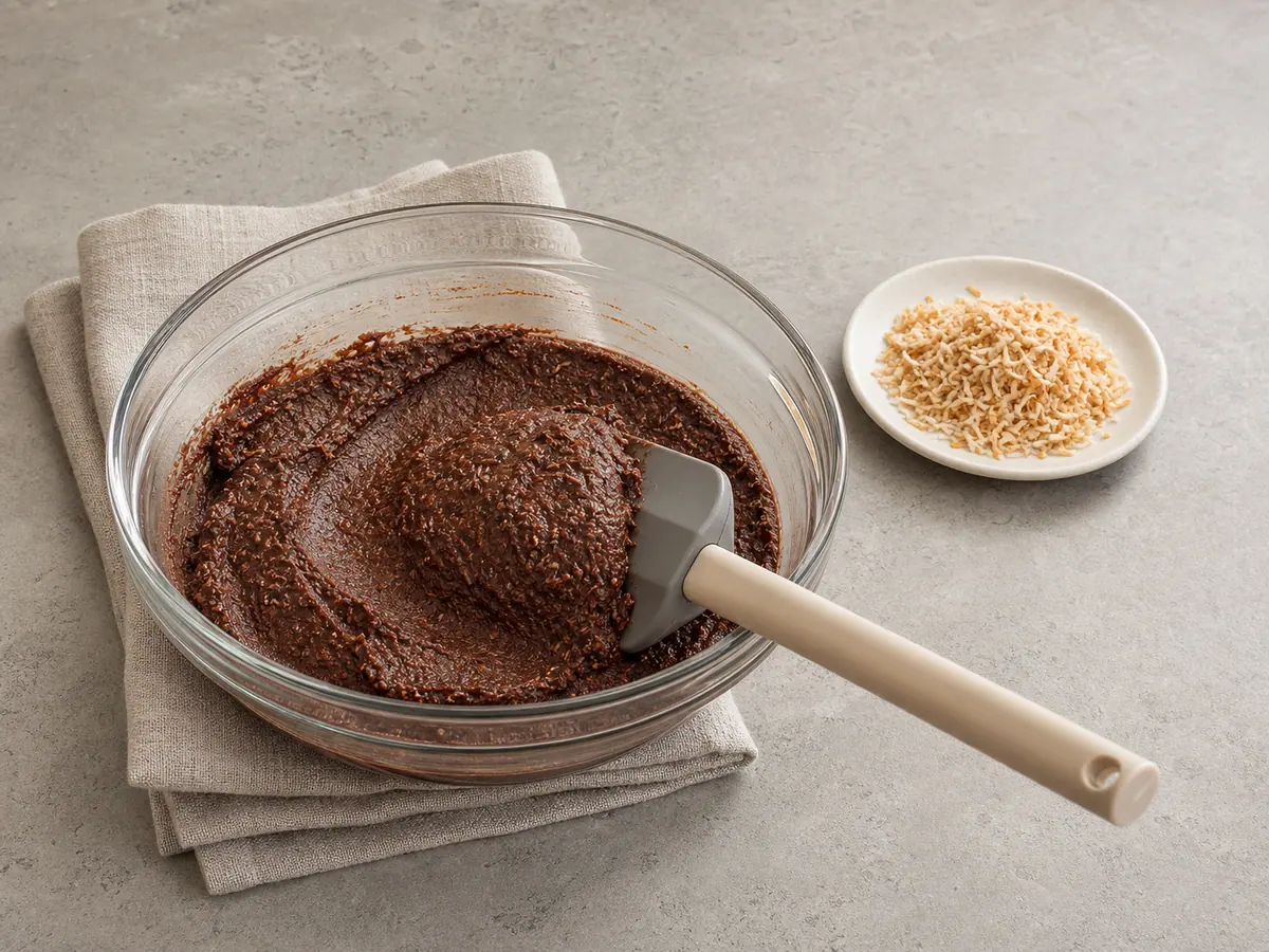 Thick cocoa-coconut center holding a soft mound in a glass bowl after five minutes