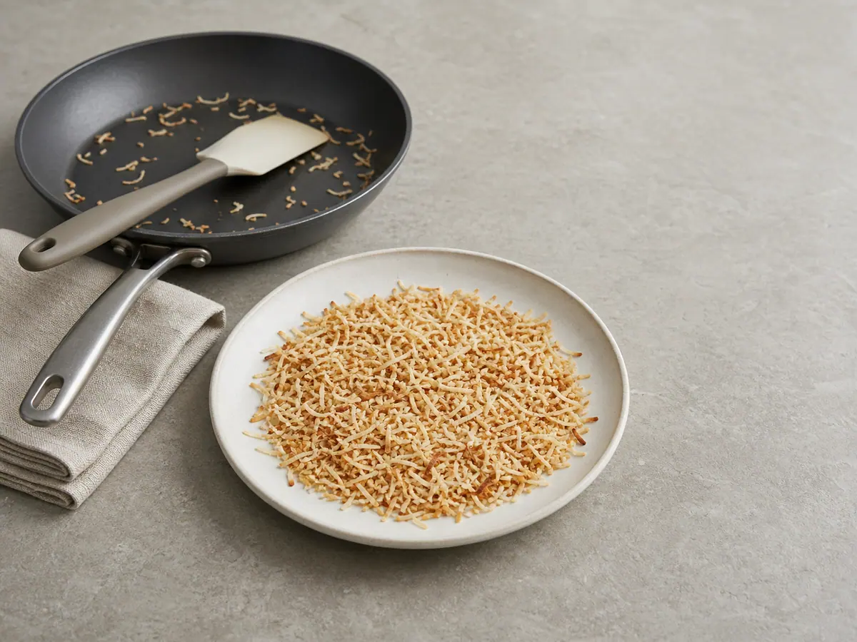 Pale-gold toasted shredded coconut transferred from a dry skillet before mixing