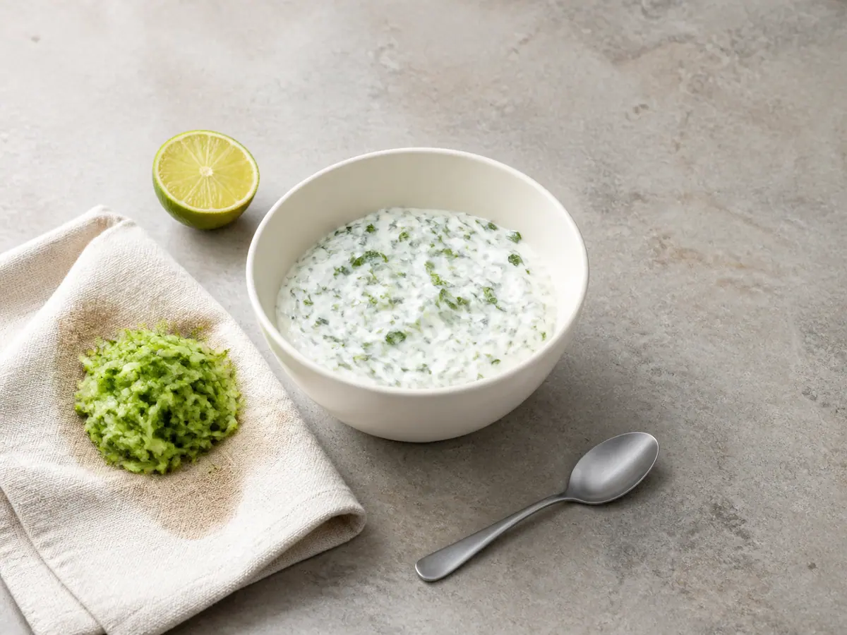 Pepino rallado bien exprimido junto a yogur griego espeso con menta, cebollín y lima antes de incorporarlo