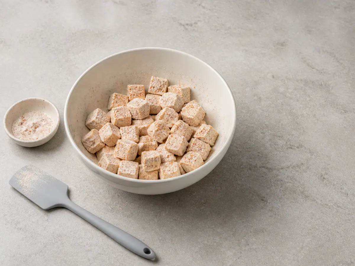 Cubos pálidos de tofu de un solo bloque cubiertos de manera uniforme con una capa fina y seca de fécula especiada