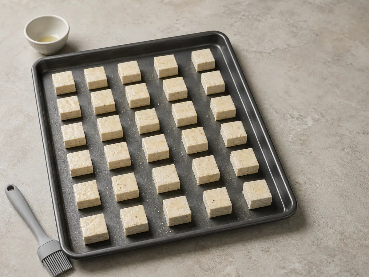 Cubos de tofu con recubrimiento seco separados sobre una bandeja con borde ligeramente aceitada antes de hornear