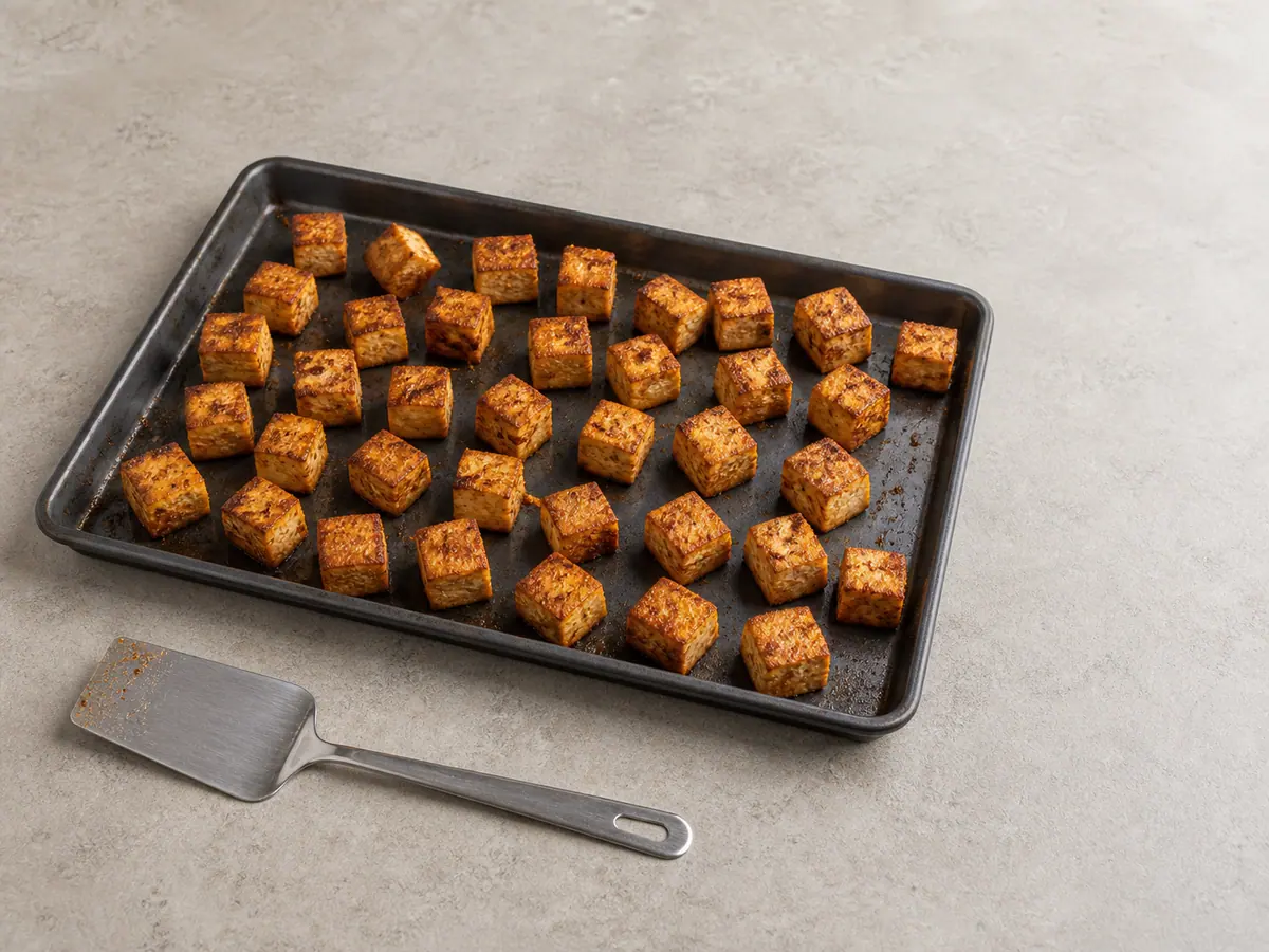 Cubos de tofu horneados y volteados, con al menos dos caras bien doradas y secas y crujientes sobre la bandeja