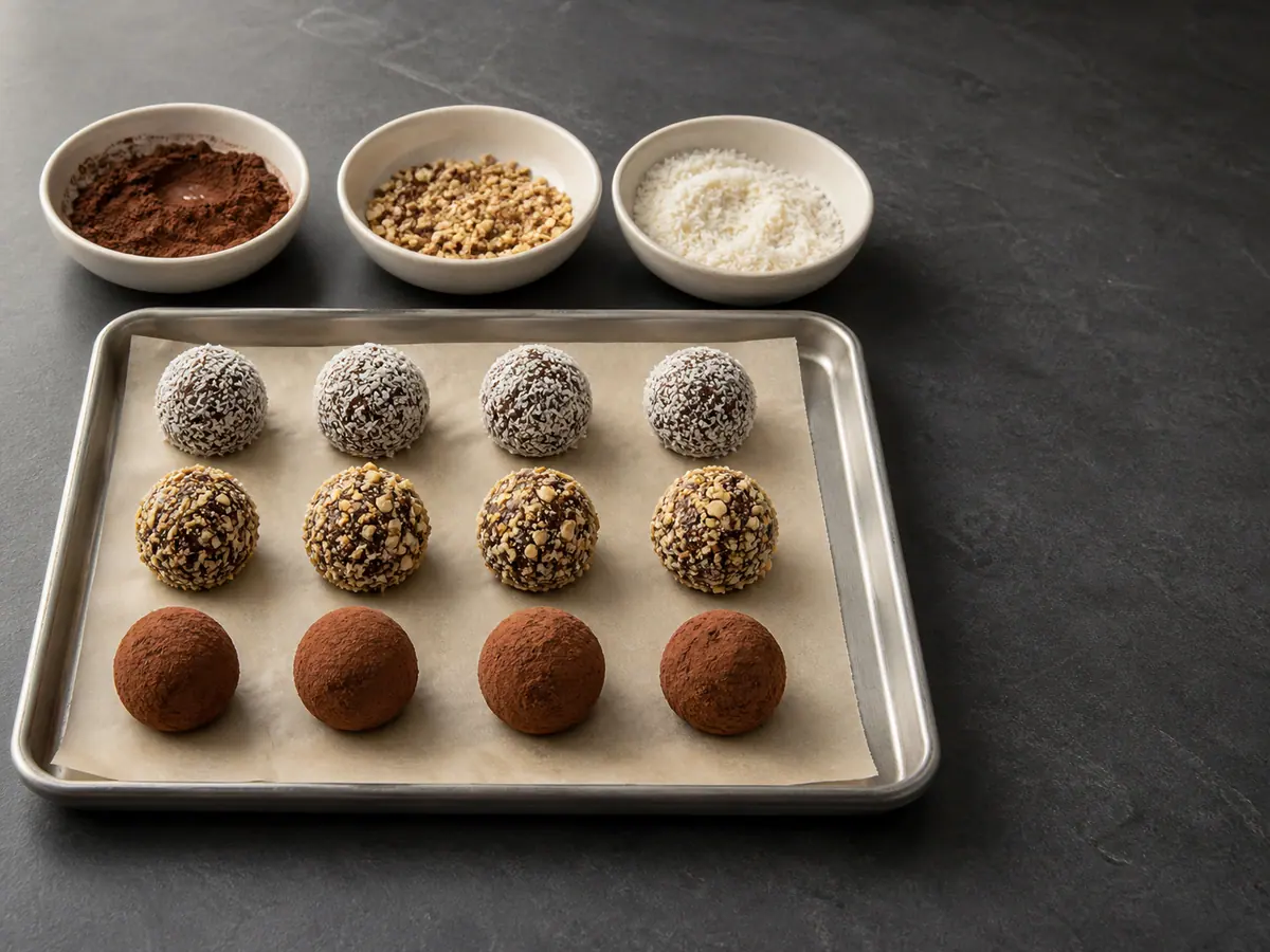 Doze trufas de chocolate amargo organizadas em fileiras com coberturas de cacau, avelã e coco