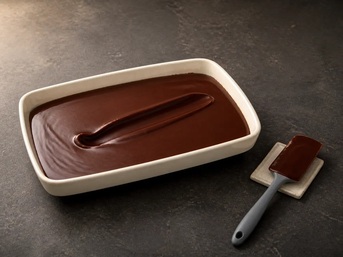Ganache brilhante de chocolate amargo em recipiente raso, com um sulco que se acomoda lentamente