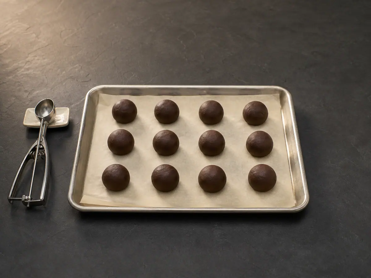 Doze esferas de ganache de chocolate amargo sem cobertura, espaçadas em uma bandeja forrada com papel-manteiga