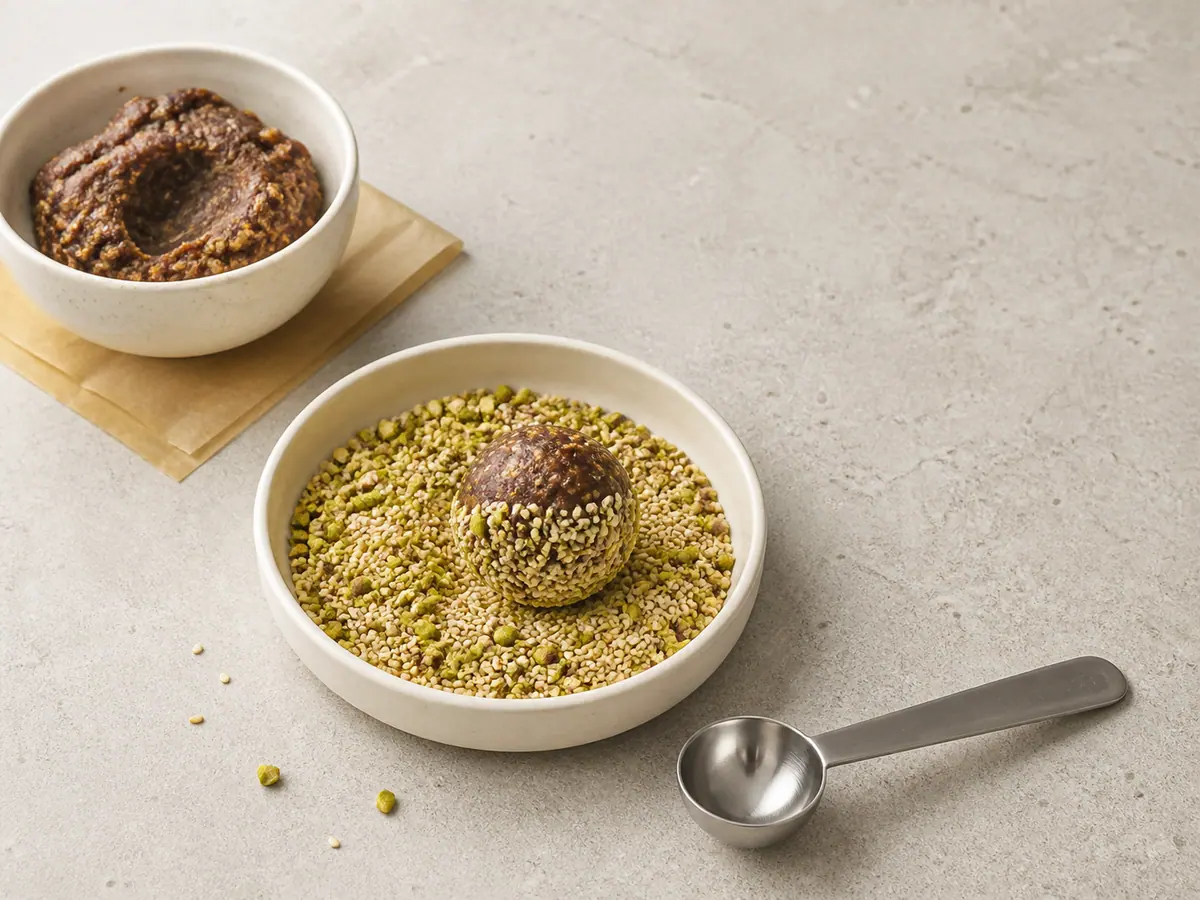 One date tahini bite partly coated with toasted pistachios and sesame seeds