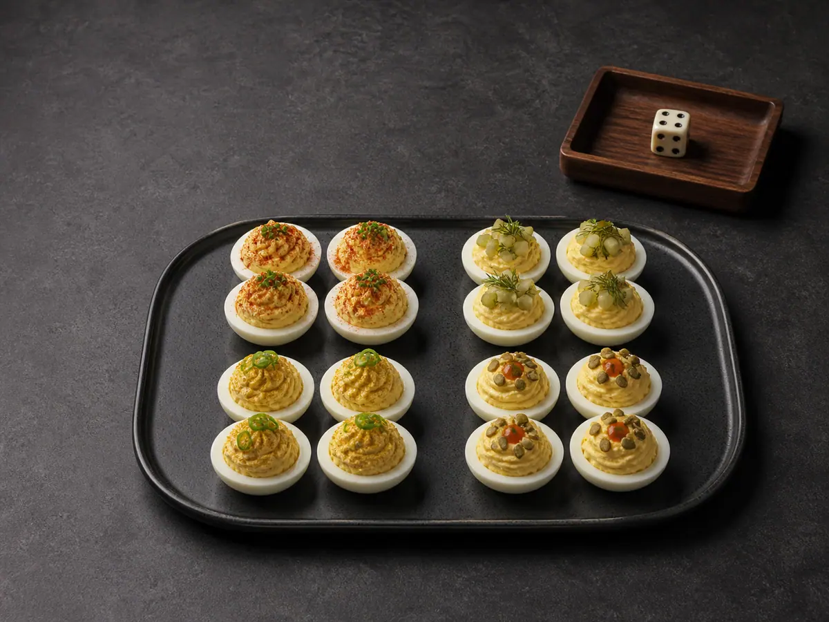 Sixteen deviled egg halves in four topping groups beside a single six-sided die