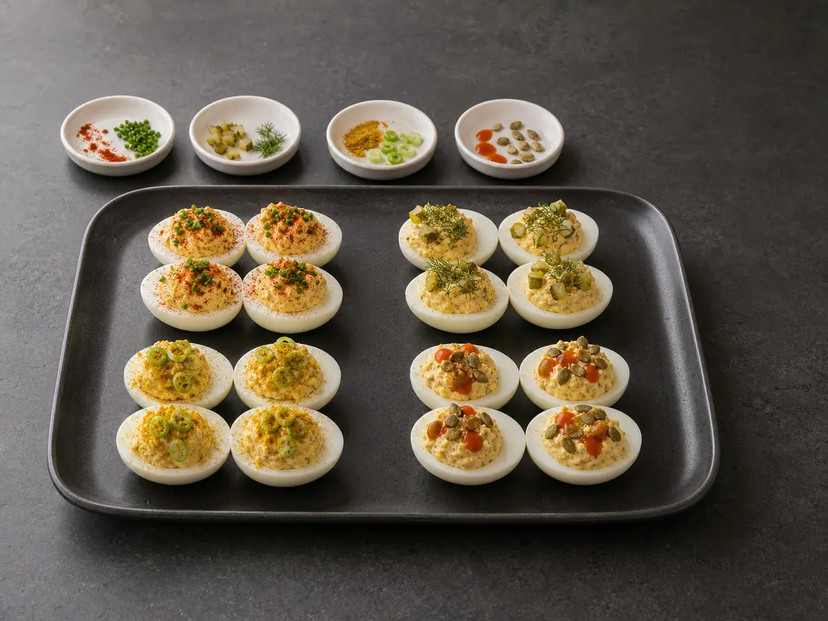 Sixteen deviled egg halves arranged in four distinct topping groups before serving