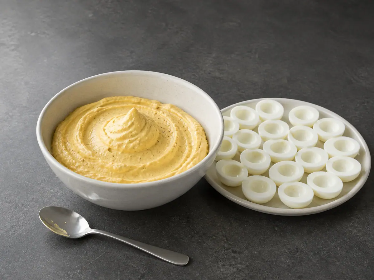 Smooth deviled egg filling holding a rounded peak beside fully cooked egg-white halves