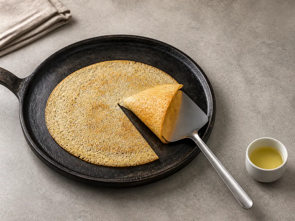 Thin golden dosa cut from the center to the rim and overlapped into a cone on a cast-iron tawa