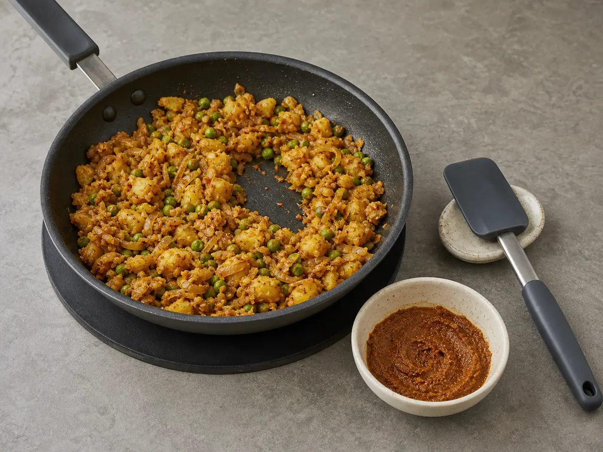 Dry potato-onion-pea filling beside a brushable dosa podi paste