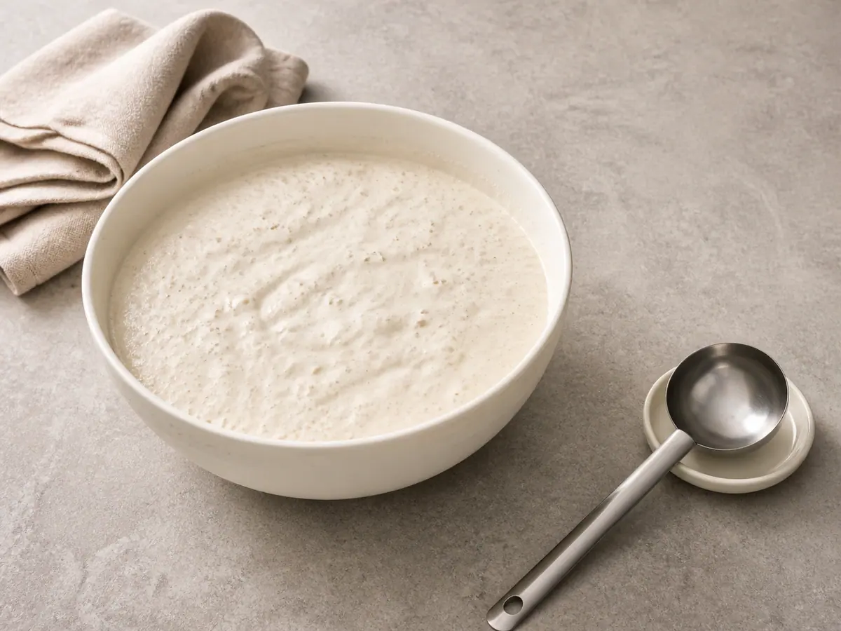 Aerated fermented dosa batter with fine bubbles in a ceramic bowl
