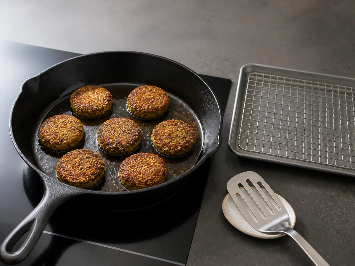 Six falafel patties pan-frying until deep golden and crisp