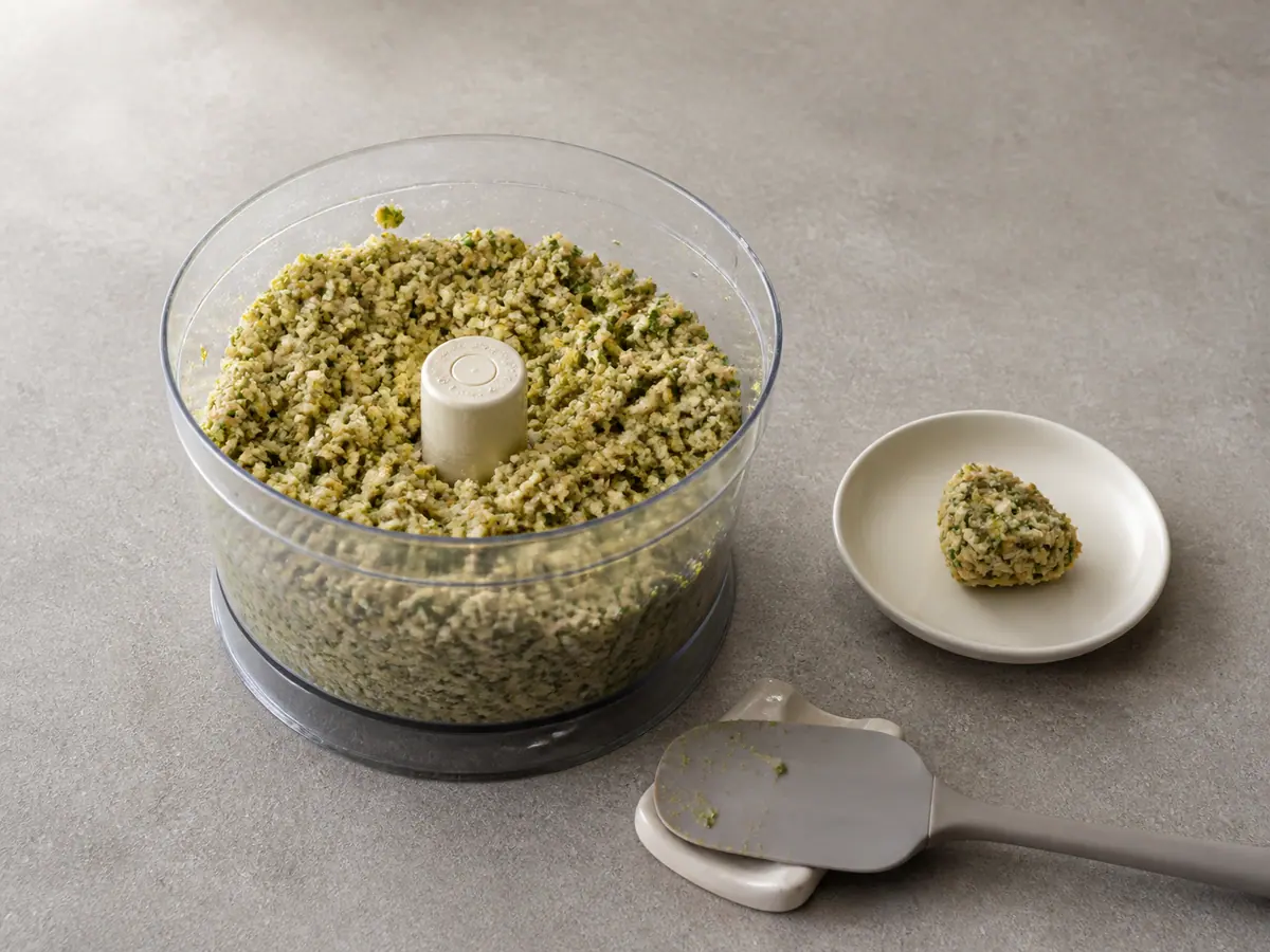 Coarse chickpea and herb mixture in a food processor with a cohesive test clump
