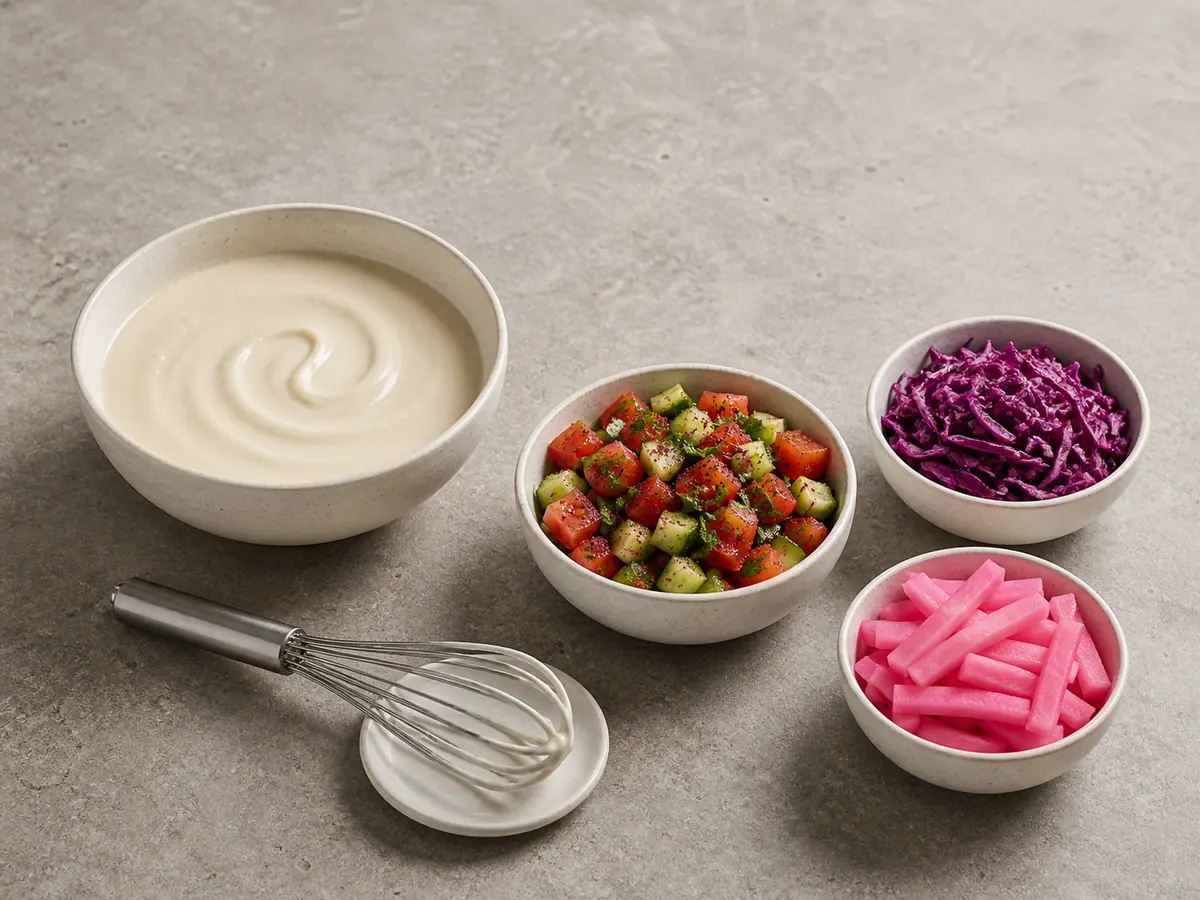 Pourable lemon tahini beside three separate vegetable toppings