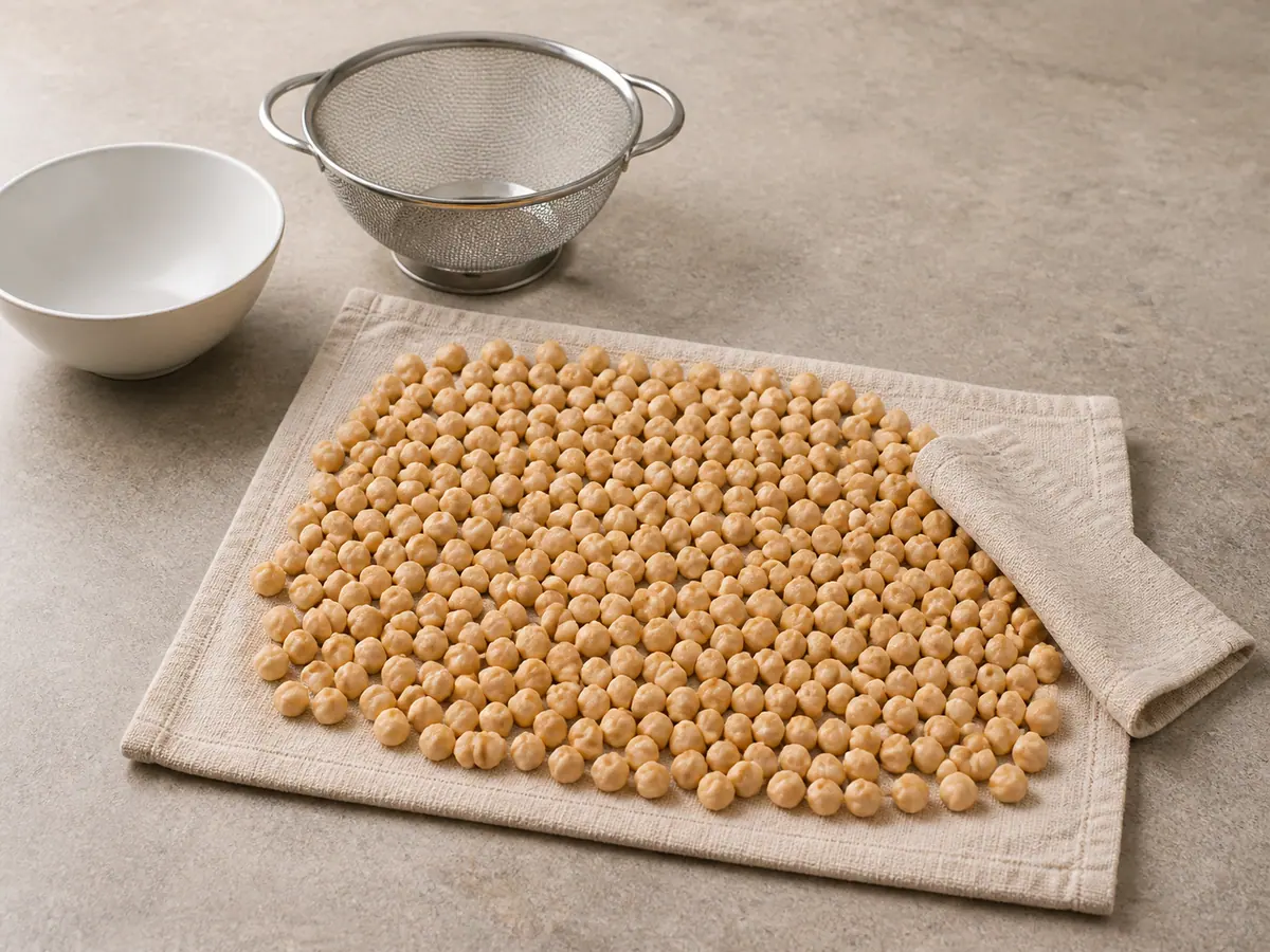 Soaked chickpeas spread on a towel and dried before grinding