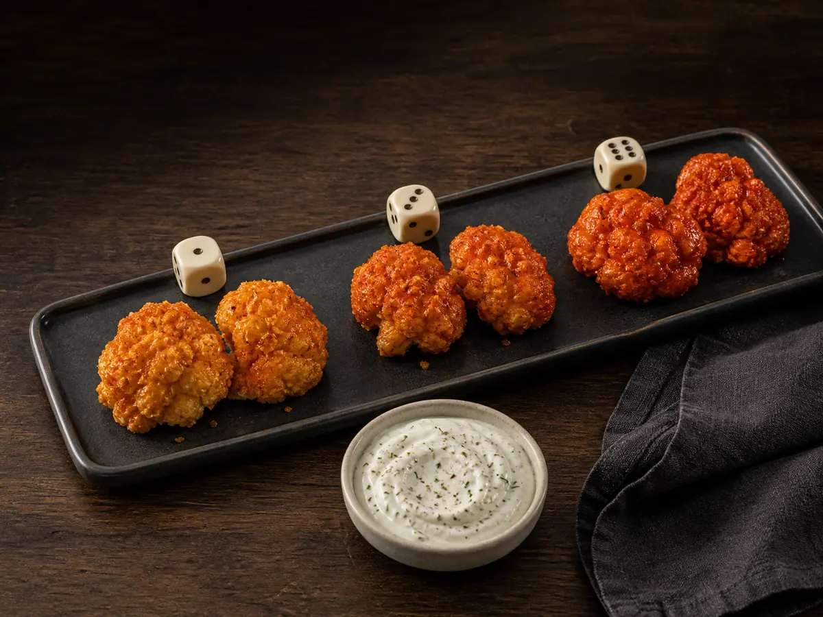 Three heat levels of crispy Buffalo-style cauliflower bites with a cool herb yogurt dip