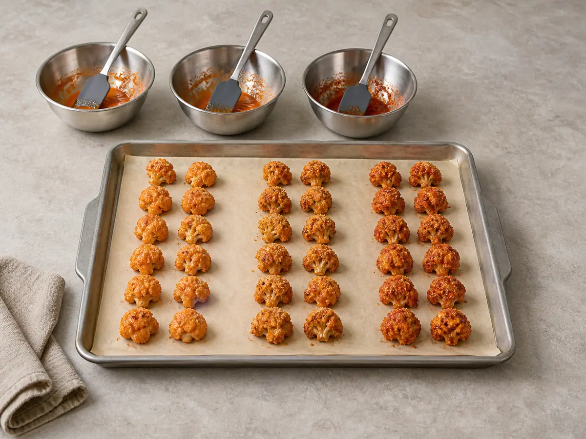 Three separated lanes of mild, medium, and fiery sauced cauliflower bites on a baking sheet before the final bake