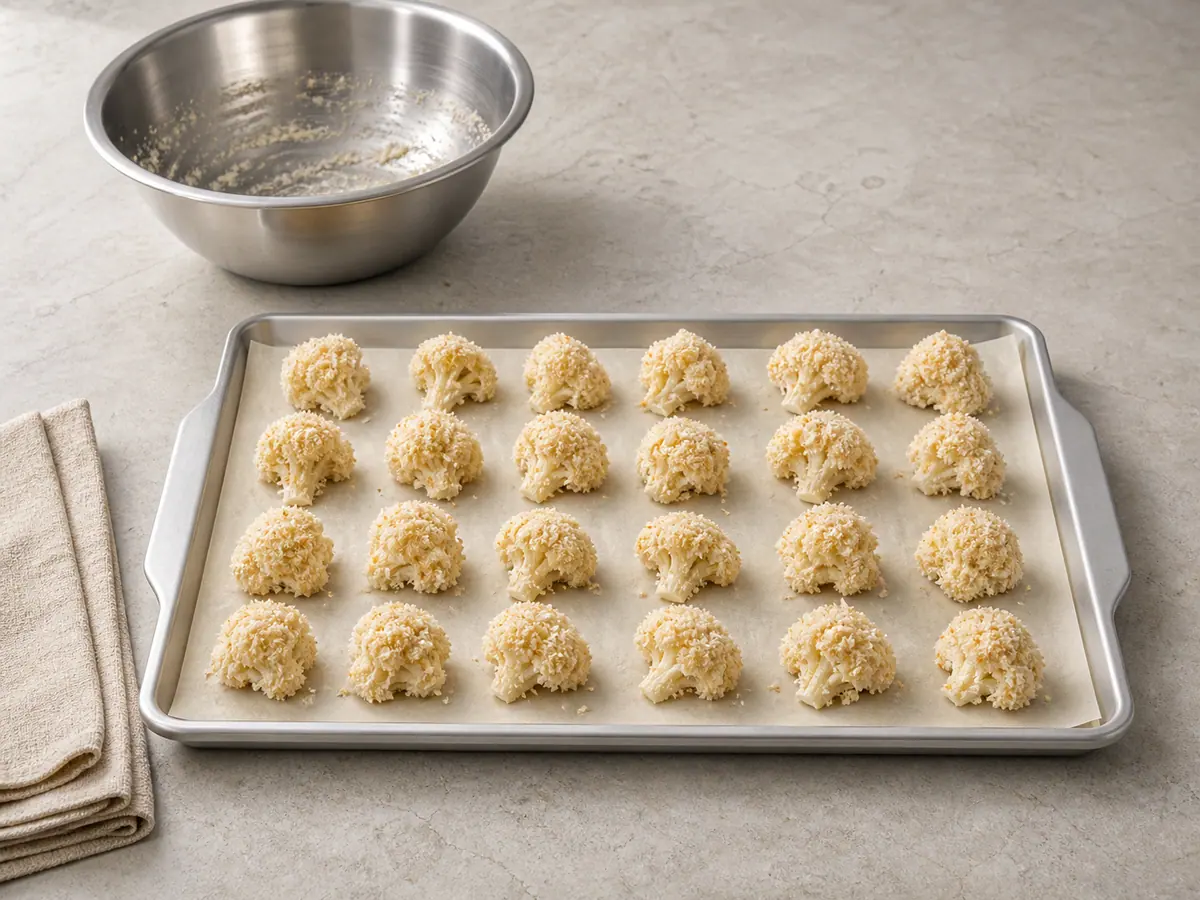 Raw batter-and-panko-coated cauliflower florets spaced on a parchment-lined baking sheet before the first bake