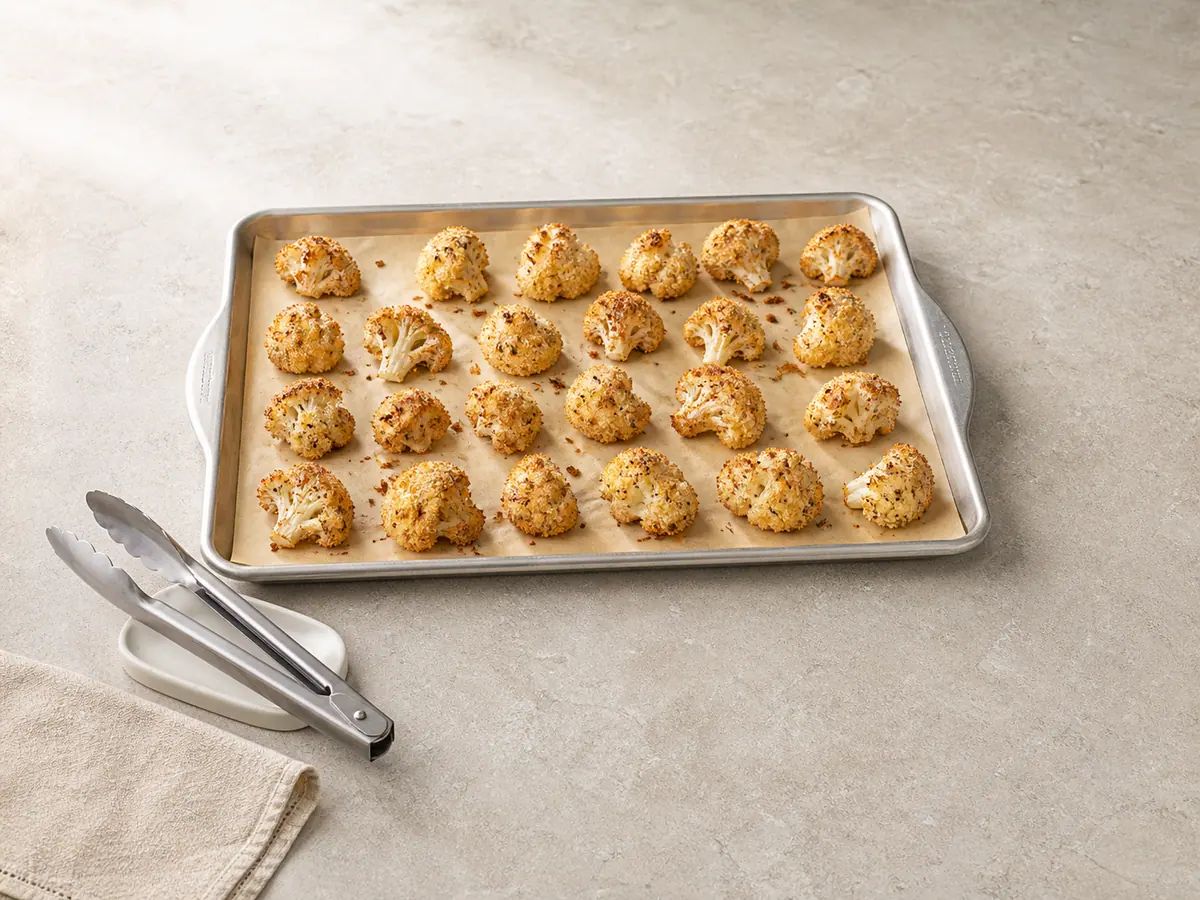 Fully crisped unsauced cauliflower bites on a baking sheet before dividing them into three heat levels