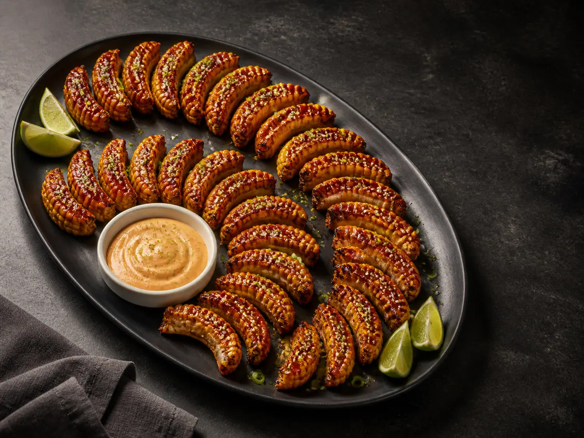 Costelinhas de milho com gochujang dispostas em uma corrente ao redor de molho de iogurte com limão