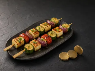 Dois espetinhos grelhados de halloumi e abobrinha, com rodelas douradas que lembram moedas, em um prato escuro ao lado de três fichas de jogo sem marcações