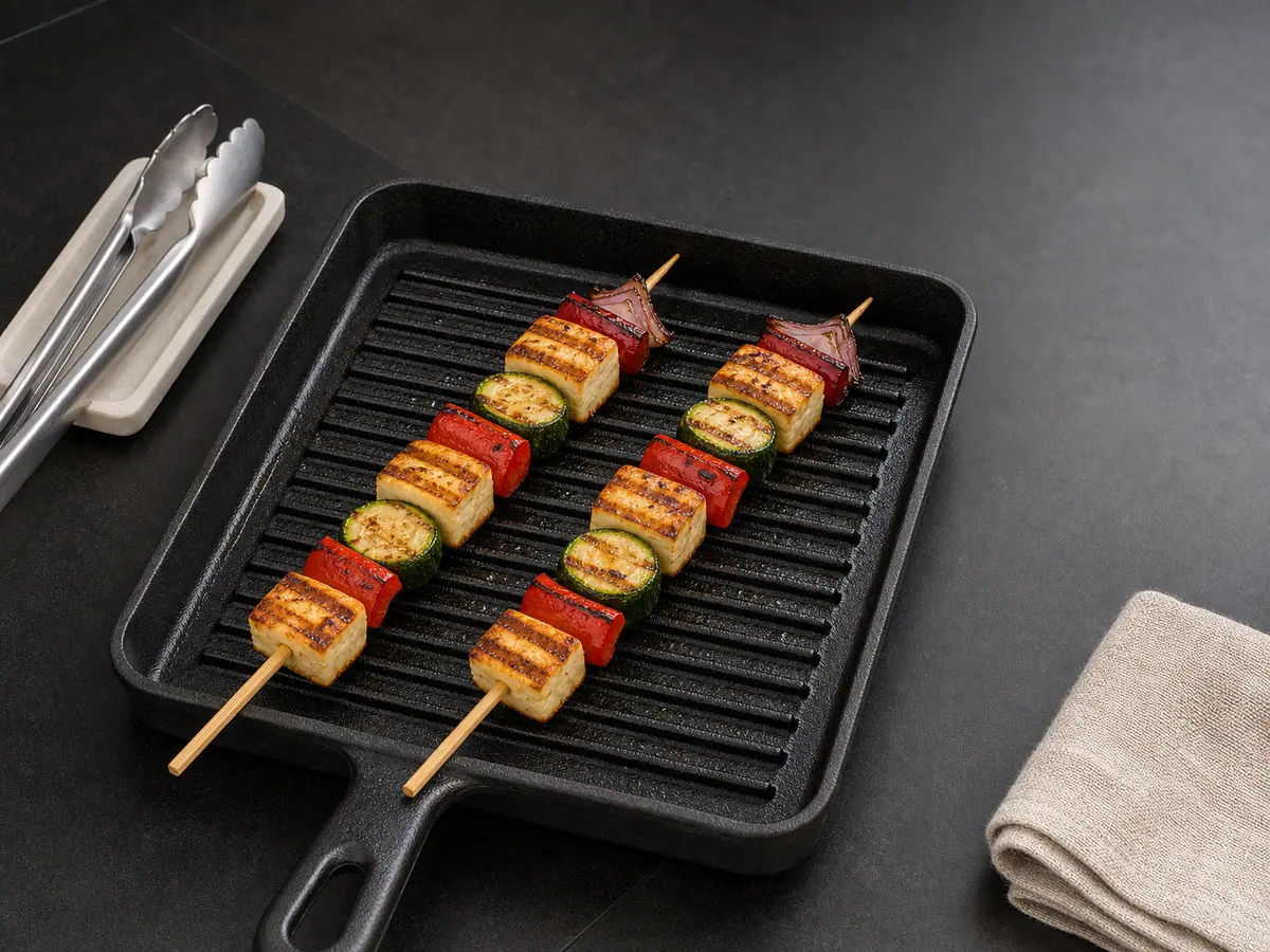 Dois espetinhos de halloumi e legumes dourando em uma frigideira tipo grill, no ponto de verificação aos oito minutos